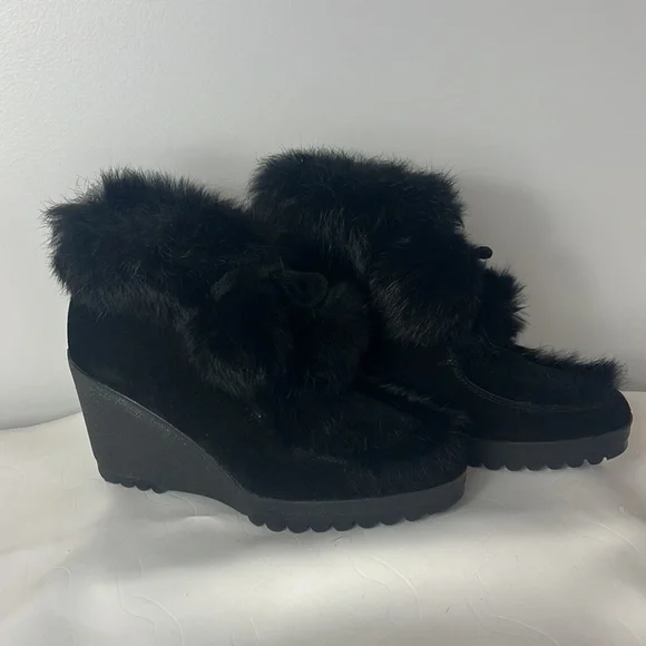 Coach Kataya Wedge Ankle Boots Booties in Black Suede with Black Rabbit Fur Trim - Picture 5 of 17